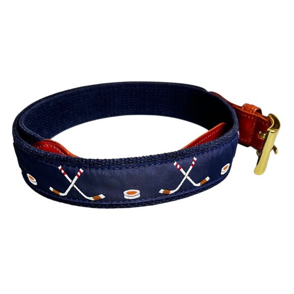 Leather Man Ltd. Genuine Leather Blue Canvas Hockey Theme Belt Size 34 - Picture 2 of 5